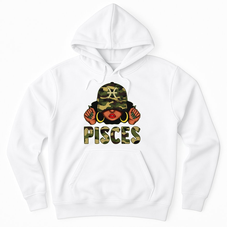 Pisces Queen Black Woman With Cap Camo Afro Girl Zodiac Hoodie