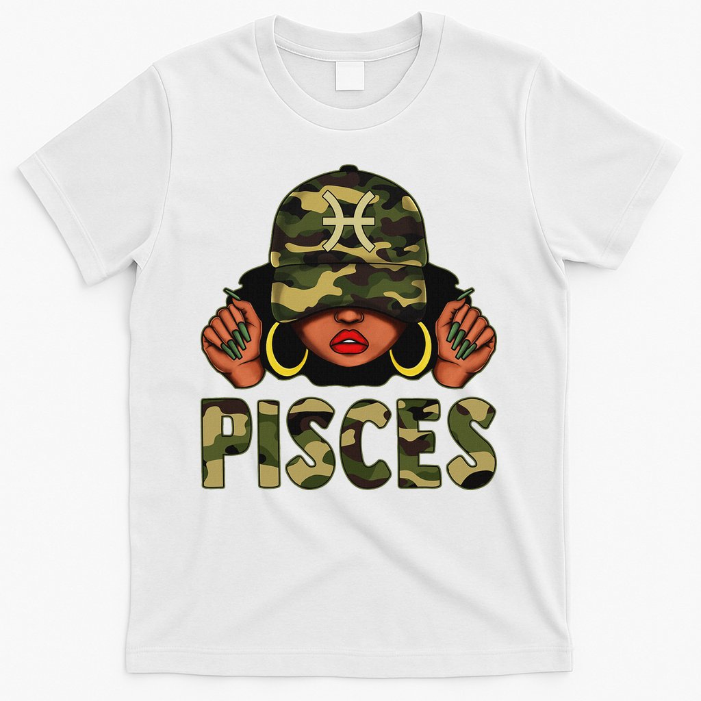 Pisces Queen Black Woman With Cap Camo Afro Girl Zodiac T-Shirt