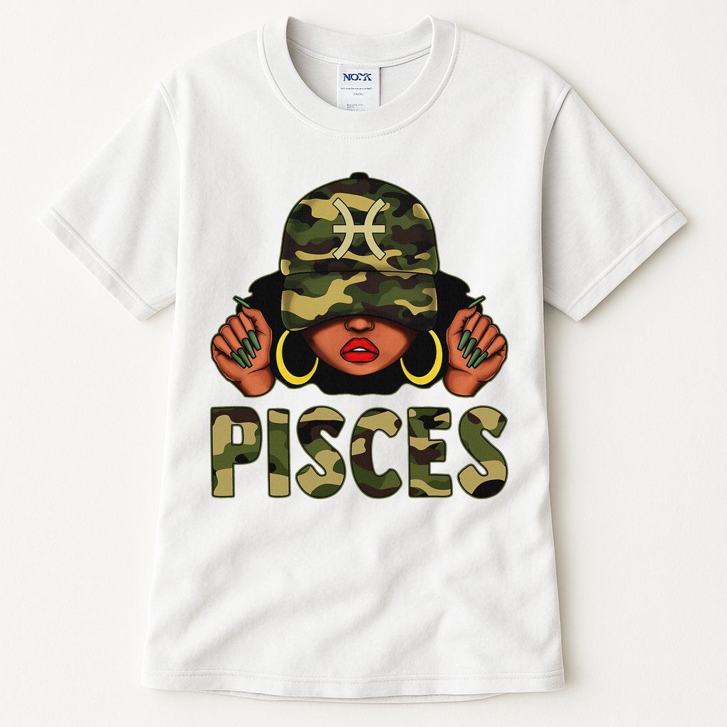 Pisces Queen Black Woman With Cap Camo Afro Girl Zodiac Tall T-Shirt