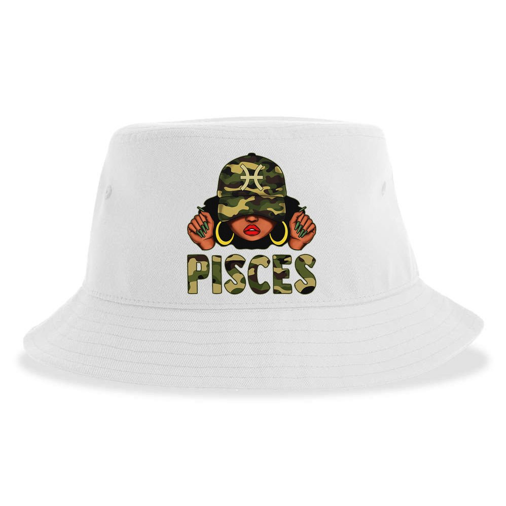 Pisces Queen Black Woman With Cap Camo Afro Girl Zodiac Sustainable Bucket Hat