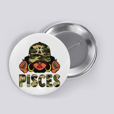 Pisces Queen Black Woman With Cap Camo Afro Girl Zodiac Button