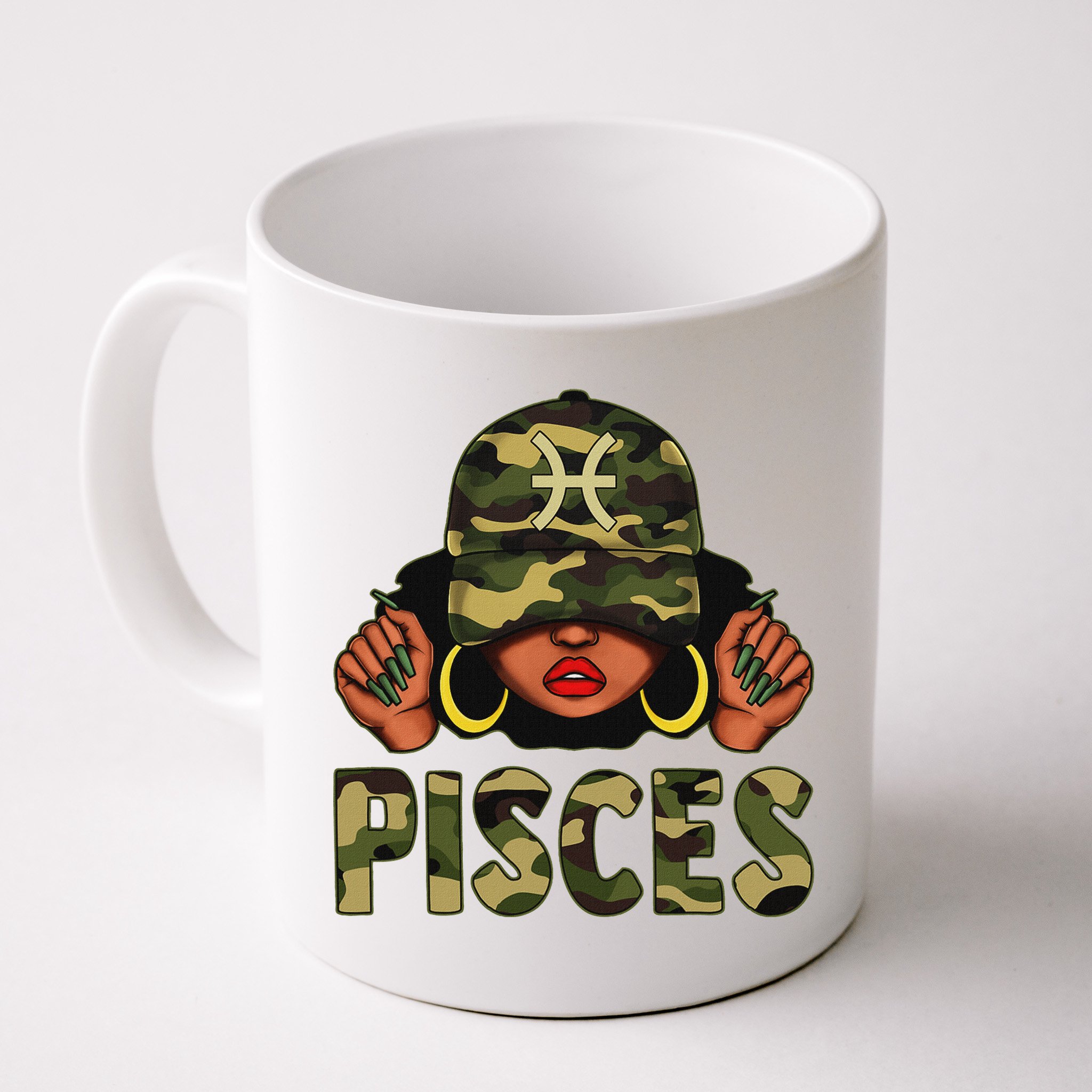 Pisces Queen Black Woman With Cap Camo Afro Girl Zodiac Mug
