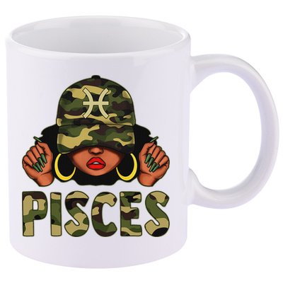 Pisces Queen Black Woman With Cap Camo Afro Girl Zodiac 11oz C Handle Ceramic Mug
