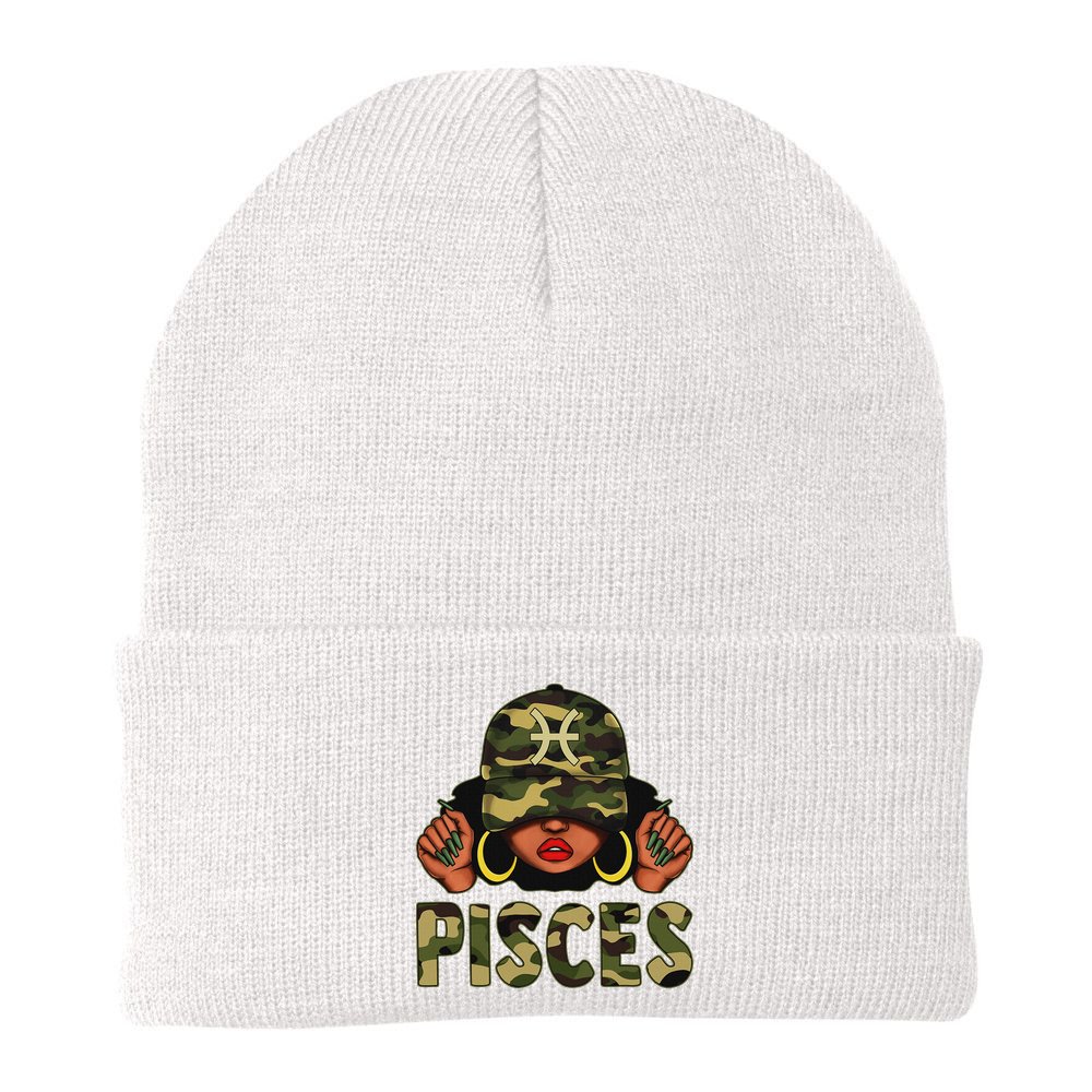 Pisces Queen Black Woman With Cap Camo Afro Girl Zodiac Beanie