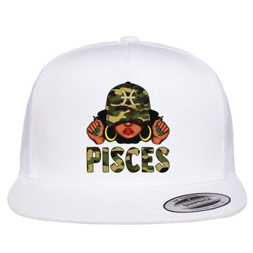 Pisces Queen Black Woman With Cap Camo Afro Girl Zodiac Flat Bill Trucker Hat