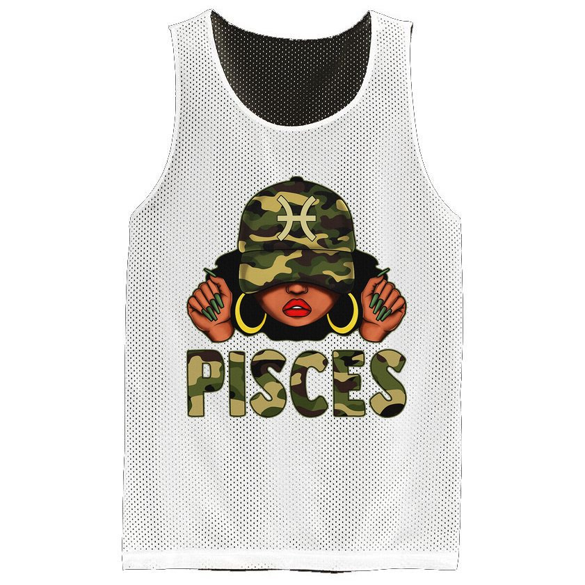 Pisces Queen Black Woman With Cap Camo Afro Girl Zodiac Mesh Reversible Basketball Jersey Tank
