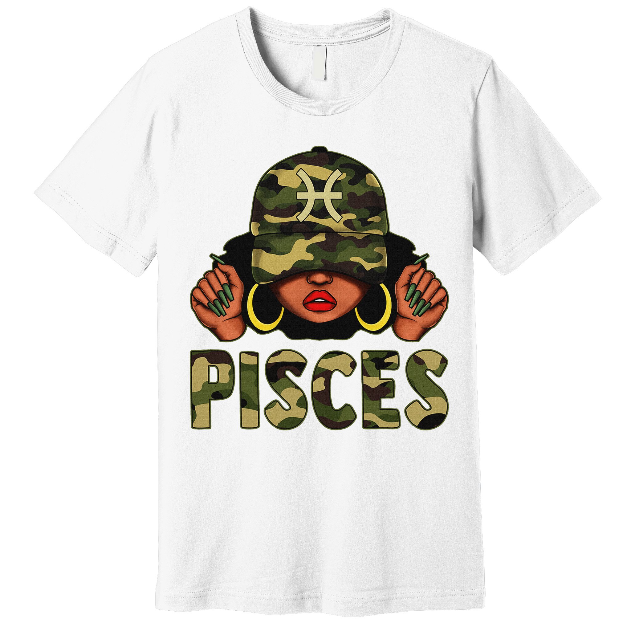 Pisces Queen Black Woman With Cap Camo Afro Girl Zodiac Premium T-Shirt