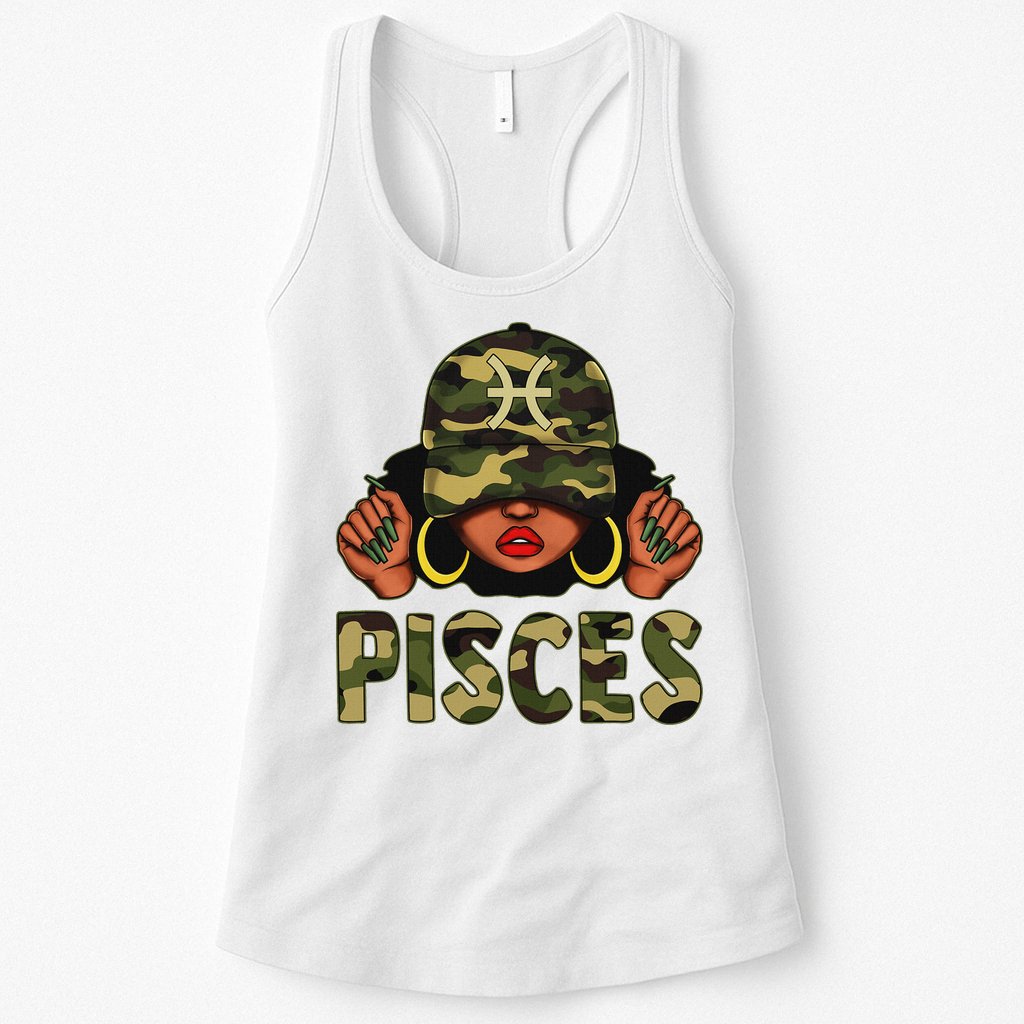 Pisces Queen Black Woman With Cap Camo Afro Girl Zodiac Womens Tank Top