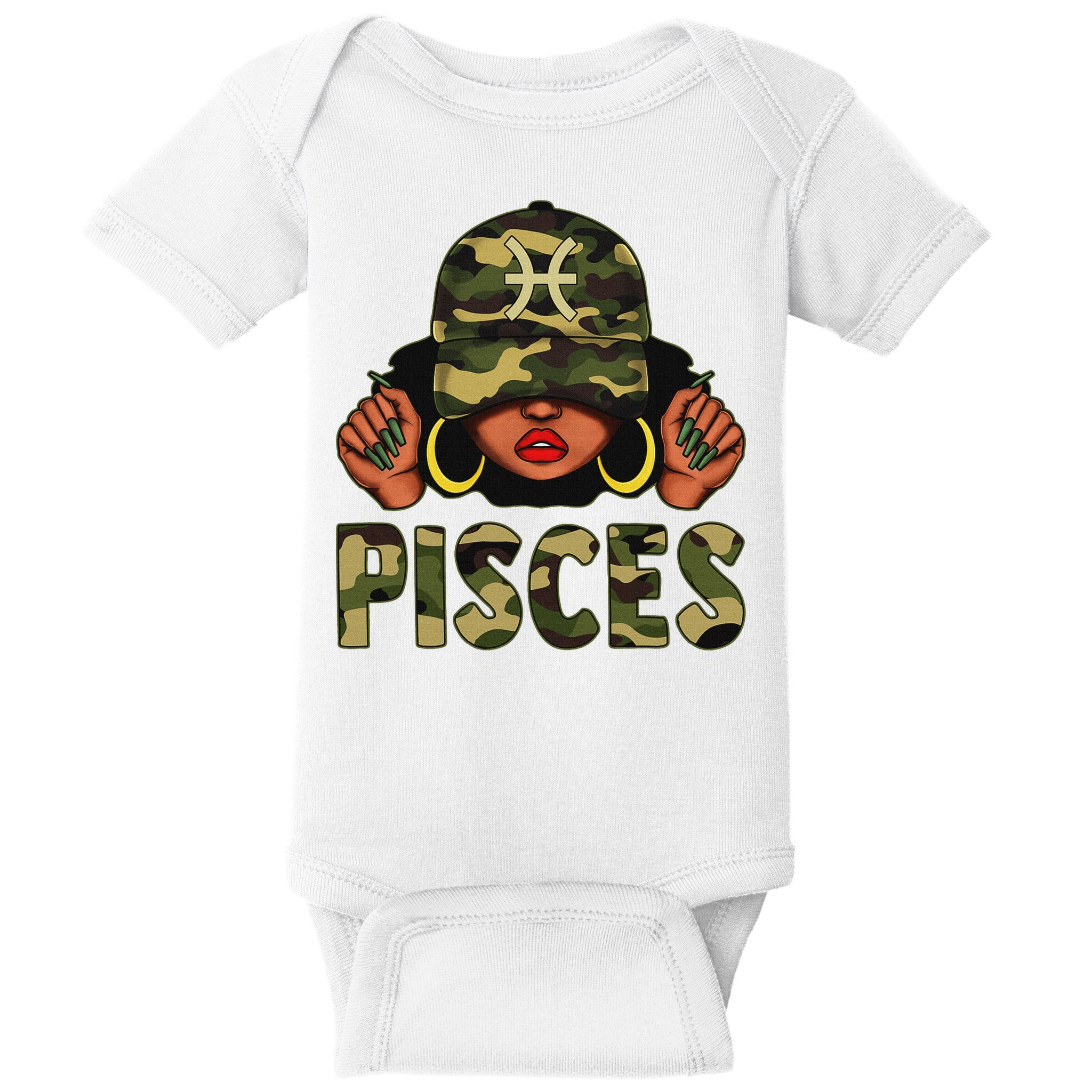Pisces Queen Black Woman With Cap Camo Afro Girl Zodiac Baby Bodysuit
