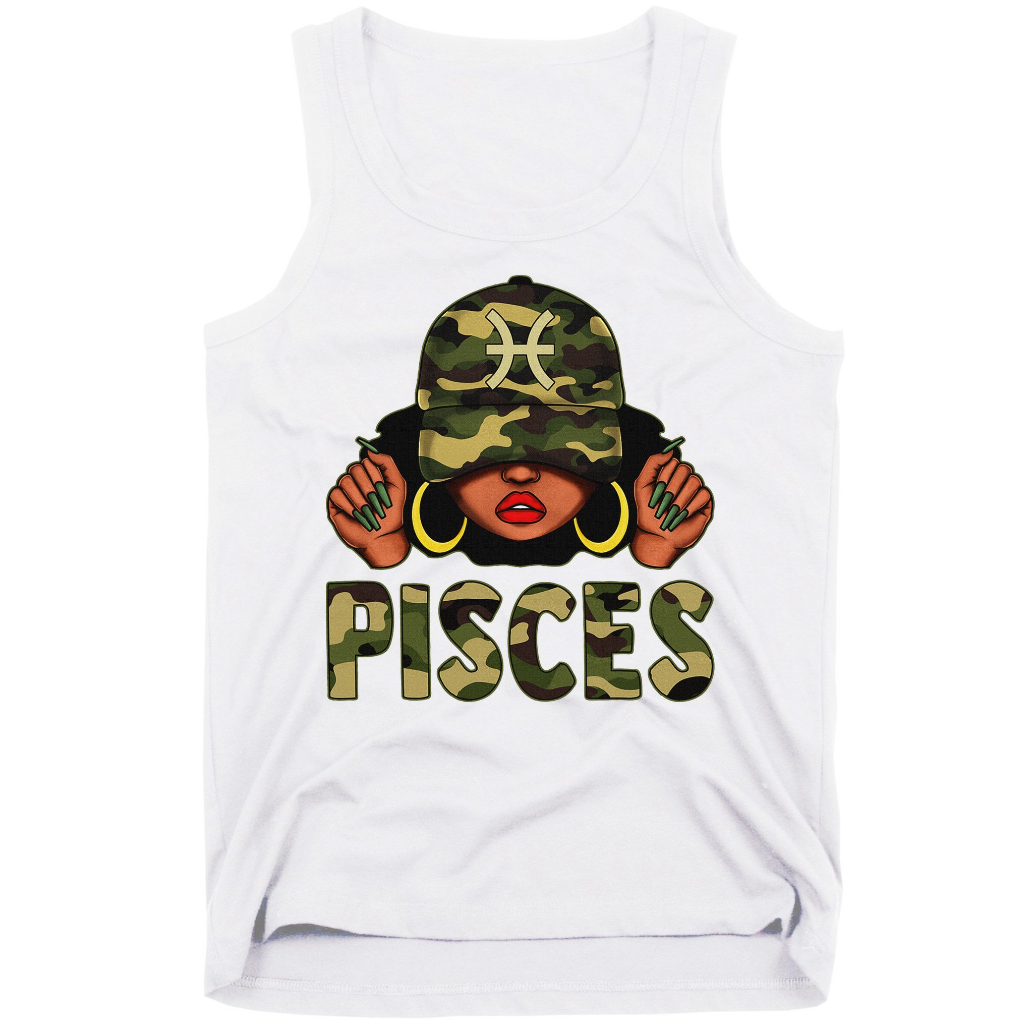 Pisces Queen Black Woman With Cap Camo Afro Girl Zodiac Tank Top