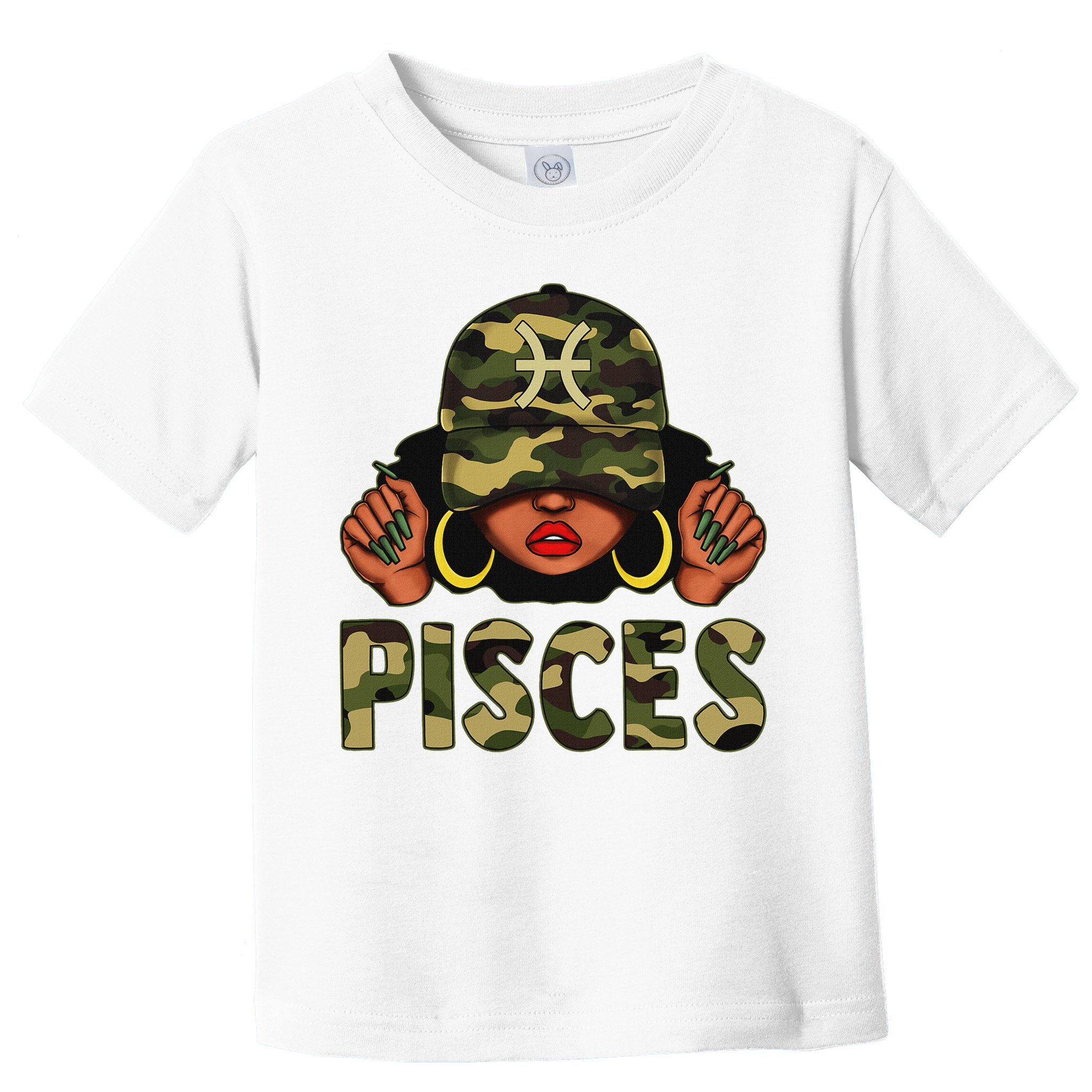 Pisces Queen Black Woman With Cap Camo Afro Girl Zodiac Toddler T-Shirt