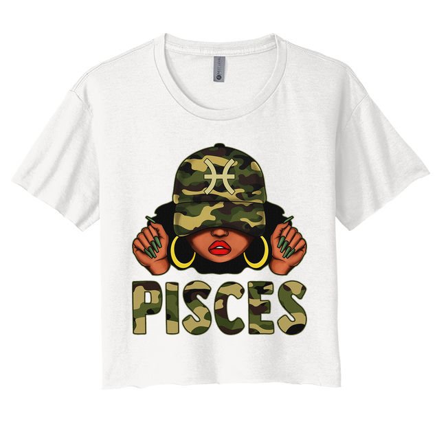 Pisces Queen Black Woman With Cap Camo Afro Girl Zodiac Crop Top