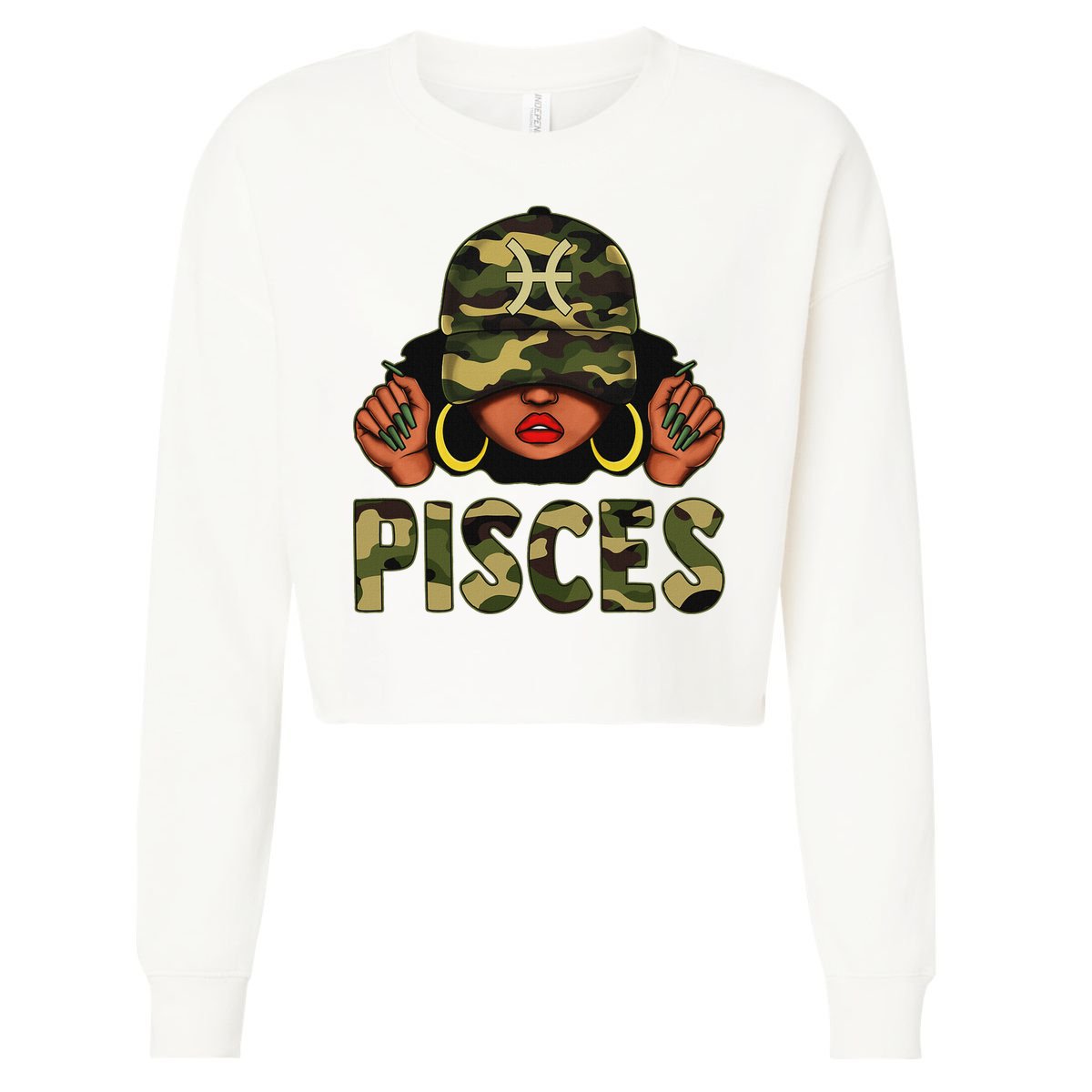 Pisces Queen Black Woman With Cap Camo Afro Girl Zodiac Cropped Pullover Crew