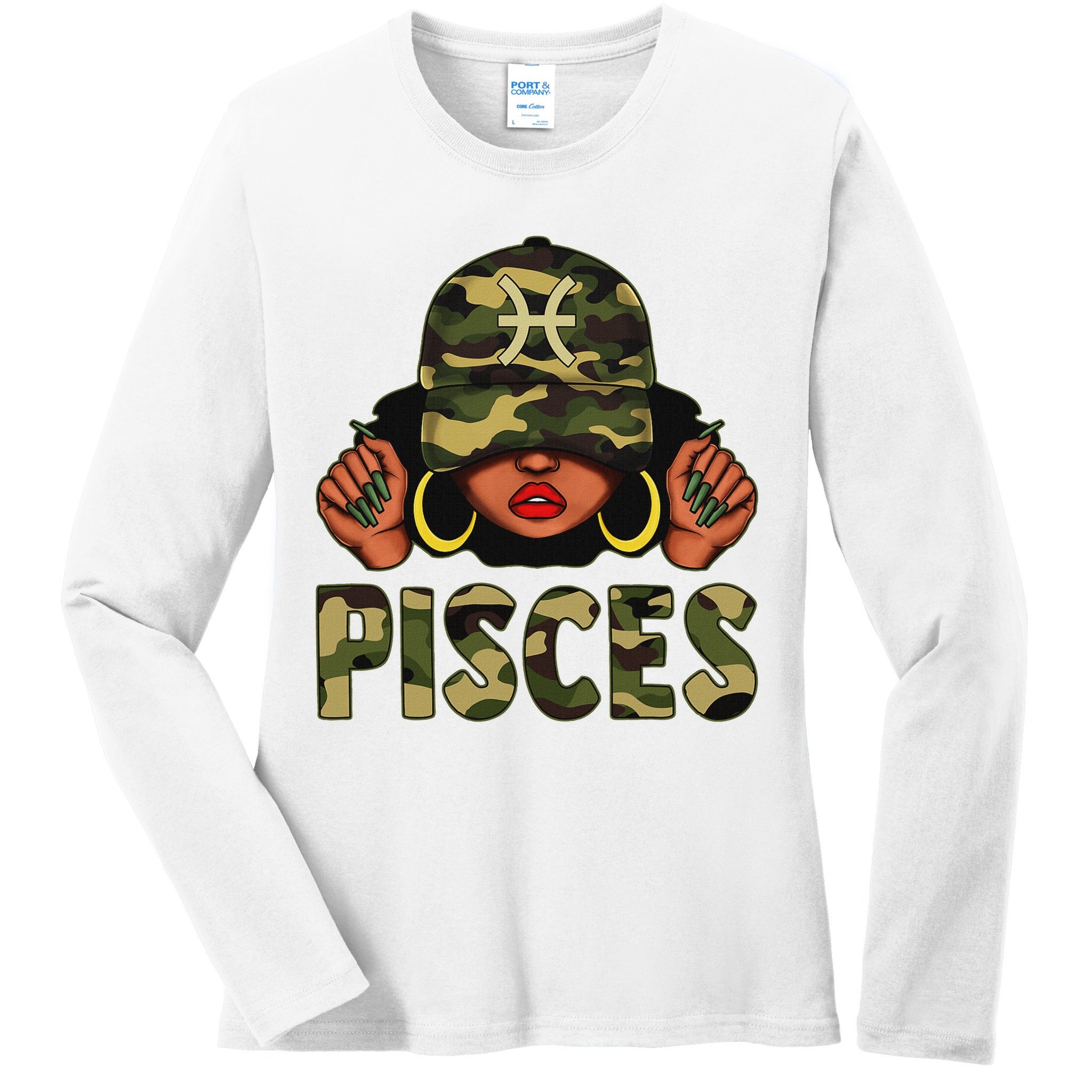 Pisces Queen Black Woman With Cap Camo Afro Girl Zodiac Ladies Long Sleeve Shirt