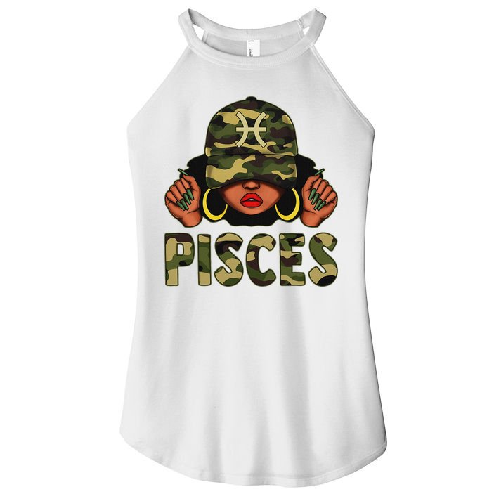 Pisces Queen Black Woman With Cap Camo Afro Girl Zodiac Women's Perfect Tri Rocker Tank