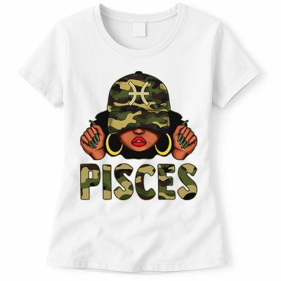 Pisces Queen Black Woman With Cap Camo Afro Girl Zodiac Womens T-Shirt