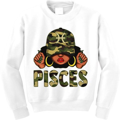 Pisces Queen Black Woman With Cap Camo Afro Girl Zodiac Kids Sweatshirt