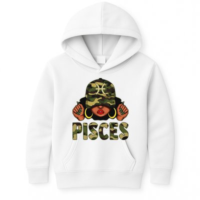 Pisces Queen Black Woman With Cap Camo Afro Girl Zodiac Kids Hoodie