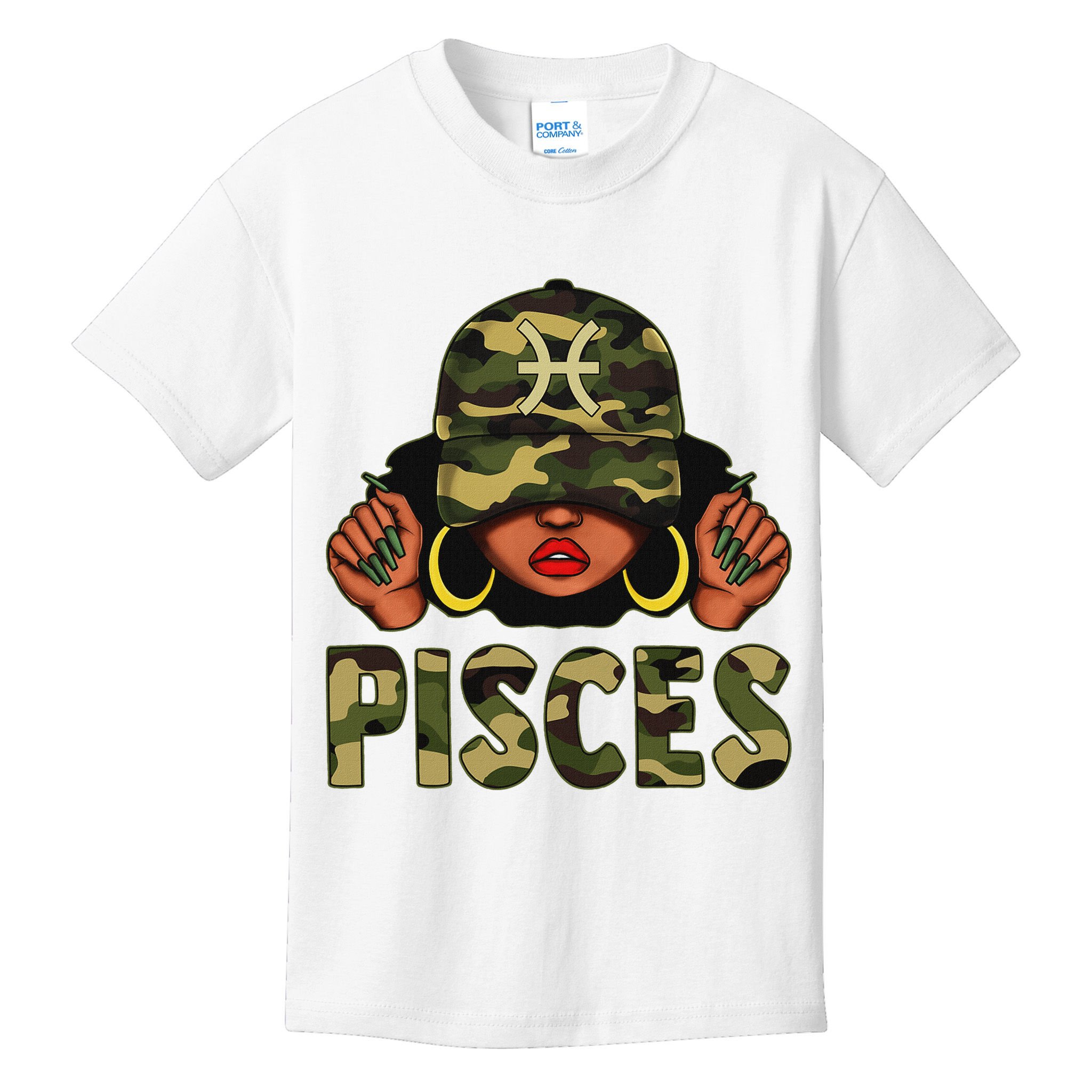 Pisces Queen Black Woman With Cap Camo Afro Girl Zodiac Kids T-Shirt