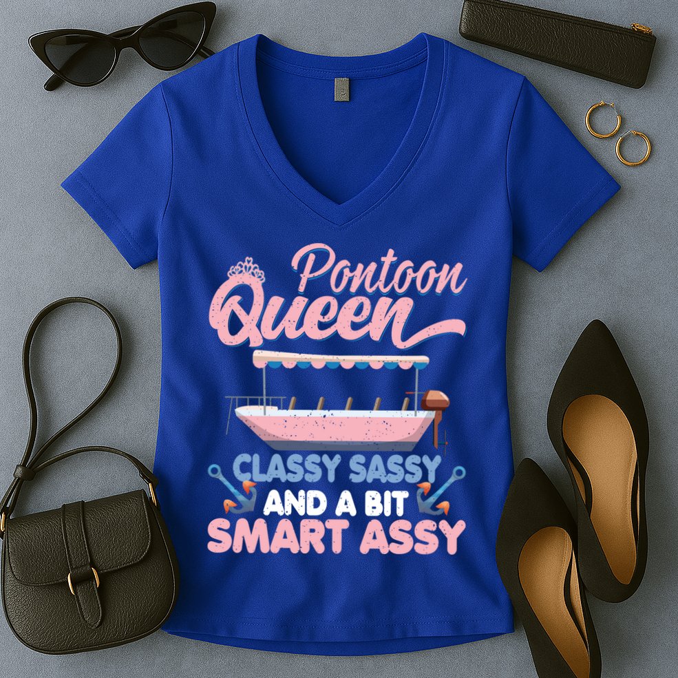 Pontoon Queen Gift For Pontoon Boating Mom Lover Cute Gift Women's V-Neck T-Shirt