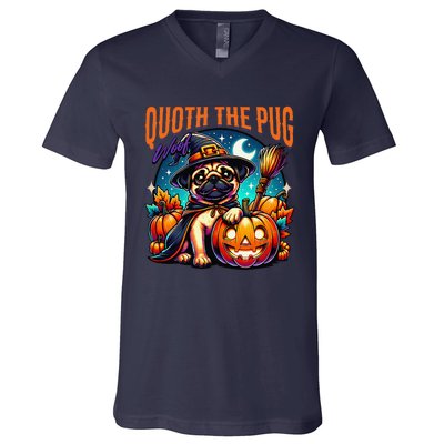 Poets Quoth The Pug Woof Halloween Dog Lovers V-Neck T-Shirt