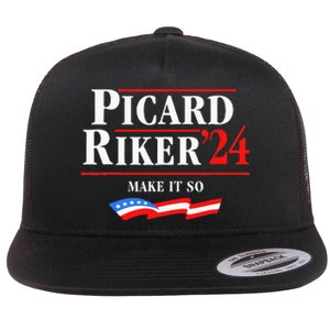 Picard Riker 2024 Make It So American Flag Funny Political Flat Bill Trucker Hat