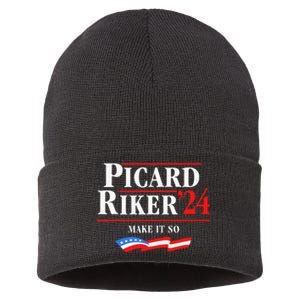 Picard Riker 2024 Make It So American Flag Funny Political Sustainable Knit Beanie