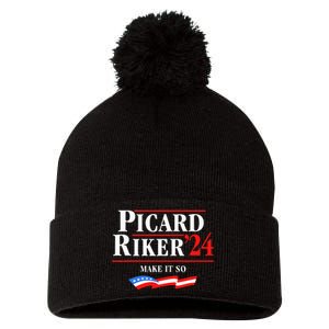 Picard Riker 2024 Make It So American Flag Funny Political Pom Pom 12in Knit Beanie