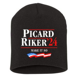 Picard Riker 2024 Make It So American Flag Funny Political Short Acrylic Beanie