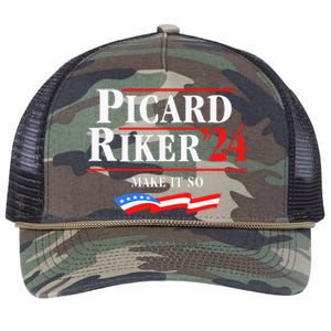 Picard Riker 2024 Make It So American Flag Funny Political Retro Rope Trucker Hat Cap