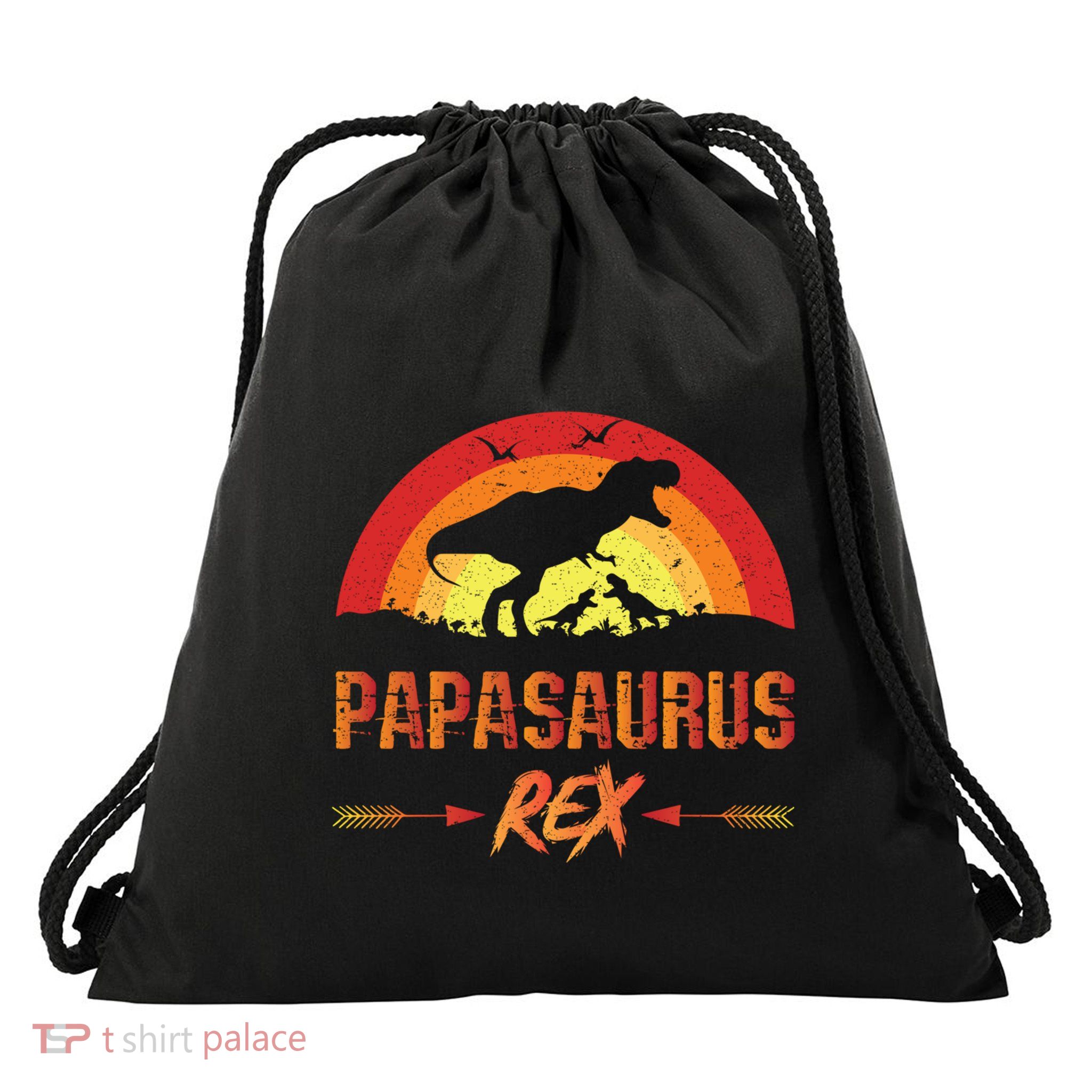 Papasaurus Rex 2 Sunset For Fathers Day Daddysaurus Gift Drawstring Bag