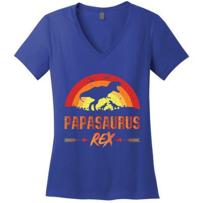 Papasaurus Rex 2 Sunset For Fathers Day Daddysaurus Gift Women's V-Neck T-Shirt