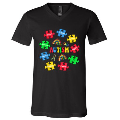 Puzzle Rainbow Autism Awareness Special Education Teacher V-Neck T-Shirt