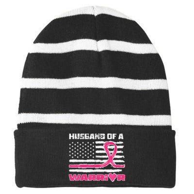 P.Ink Ribbon American Flag Husband Of A Warrior Breast Cancer Gift Striped Beanie with Solid Band