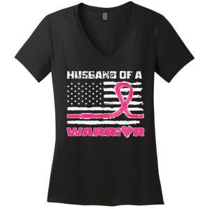 P.Ink Ribbon American Flag Husband Of A Warrior Breast Cancer Gift Women's V-Neck T-Shirt