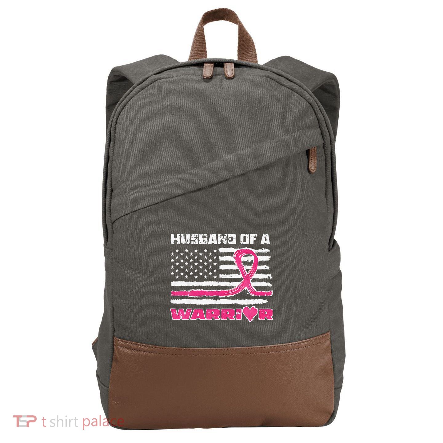 P.Ink Ribbon American Flag Husband Of A Warrior Breast Cancer Gift Cotton Canvas Backpack