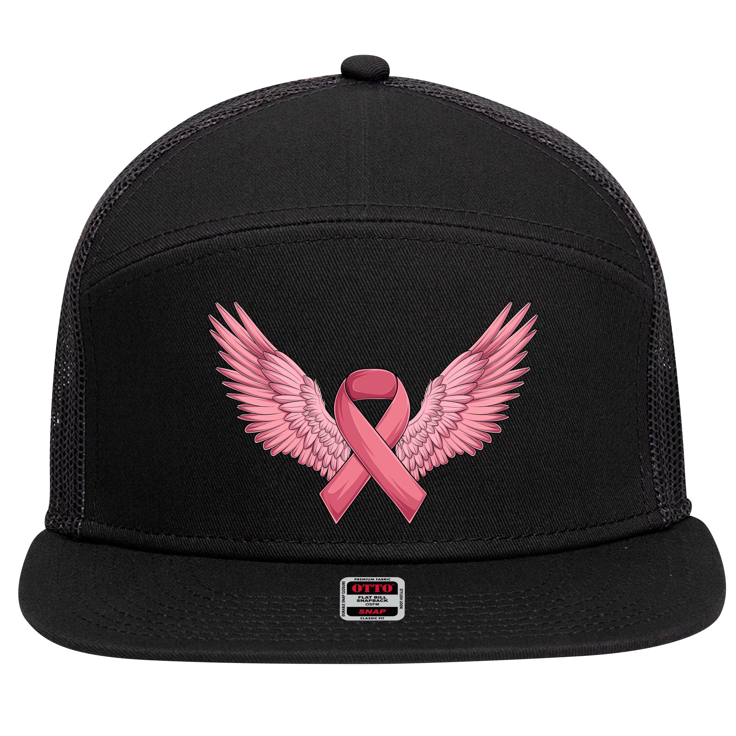 Pink Ribbon Angel Wings Breast Cancer Awareness Month Women Health Care Support 7 Panel Mesh Trucker Snapback Hat
