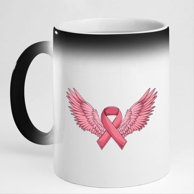 Pink Ribbon Angel Wings Breast Cancer Awareness Month Women Health Care Support 11oz Black Color Changing Mug