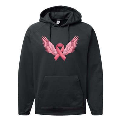 Pink Ribbon Angel Wings Breast Cancer Awareness Month Women Health Care Support Performance Fleece Hoodie