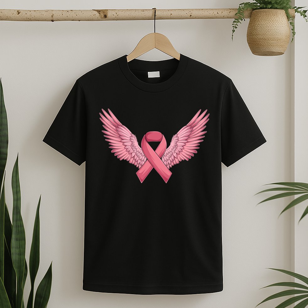 Pink Ribbon Angel Wings Breast Cancer Awareness Month Women Health Care Support T-Shirt