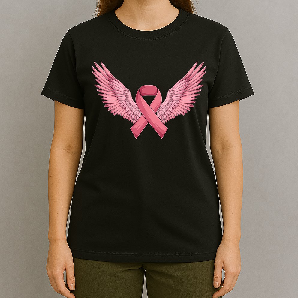 Pink Ribbon Angel Wings Breast Cancer Awareness Month Women Health Care Support T-Shirt
