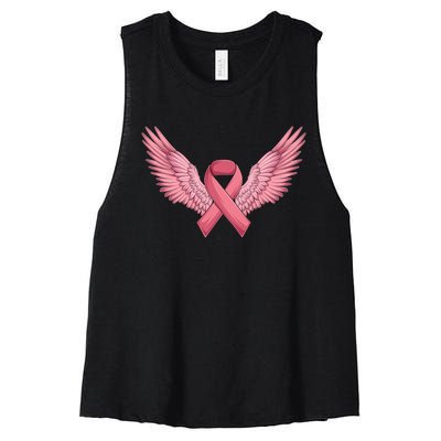 Pink Ribbon Angel Wings Breast Cancer Awareness Month Women Health Care Support Women's Racerback Cropped Tank