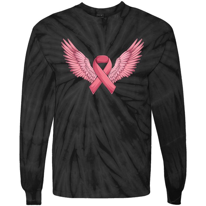 Pink Ribbon Angel Wings Breast Cancer Awareness Month Women Health Care Support Tie-Dye Long Sleeve Shirt