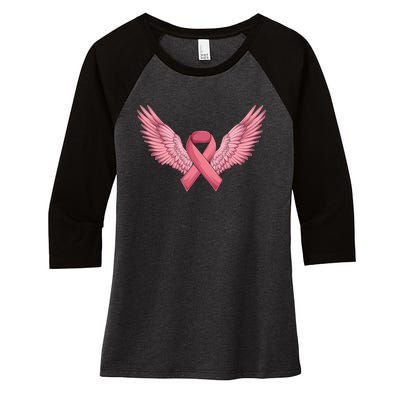 Pink Ribbon Angel Wings Breast Cancer Awareness Month Women Health Care Support Women's Tri-Blend 3/4-Sleeve Raglan Shirt