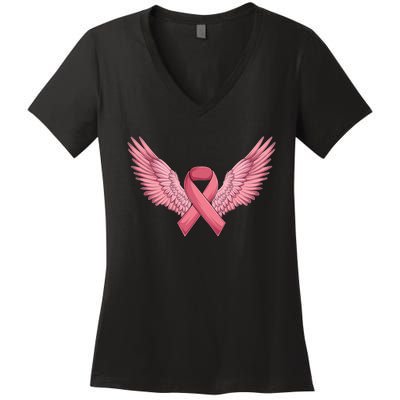 Pink Ribbon Angel Wings Breast Cancer Awareness Month Women Health Care Support Women's V-Neck T-Shirt