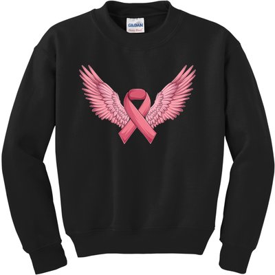 Pink Ribbon Angel Wings Breast Cancer Awareness Month Women Health Care Support Kids Sweatshirt