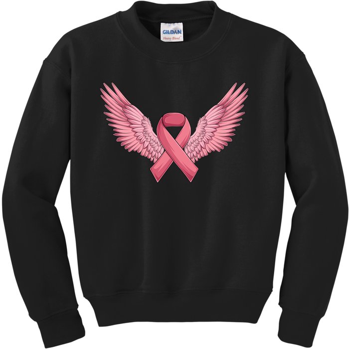 Pink Ribbon Angel Wings Breast Cancer Awareness Month Women Health Care Support Kids Sweatshirt