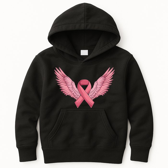 Pink Ribbon Angel Wings Breast Cancer Awareness Month Women Health Care Support Kids Hoodie