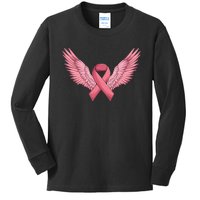 Pink Ribbon Angel Wings Breast Cancer Awareness Month Women Health Care Support Kids Long Sleeve Shirt