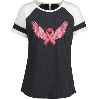 Pink Ribbon Angel Wings Breast Cancer Awareness Month Women Health Care Support Enza Ladies Jersey Colorblock Tee